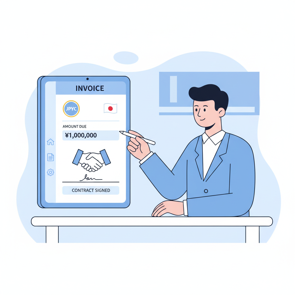 Businessperson creating digital invoice with JPYC, Japan flag, contract signing on screen