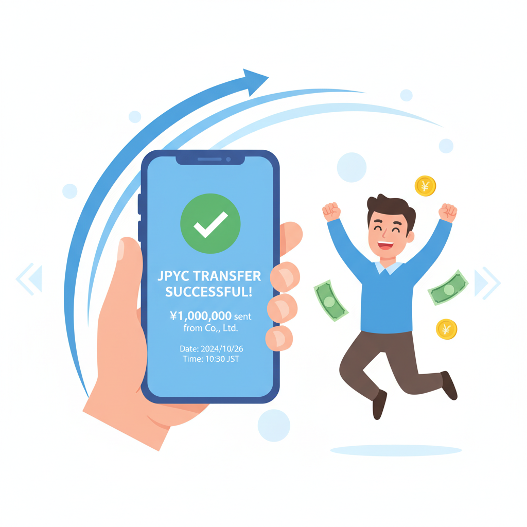 Instant payment notification on phone, JPYC transfer success, speed lines, happy exporter