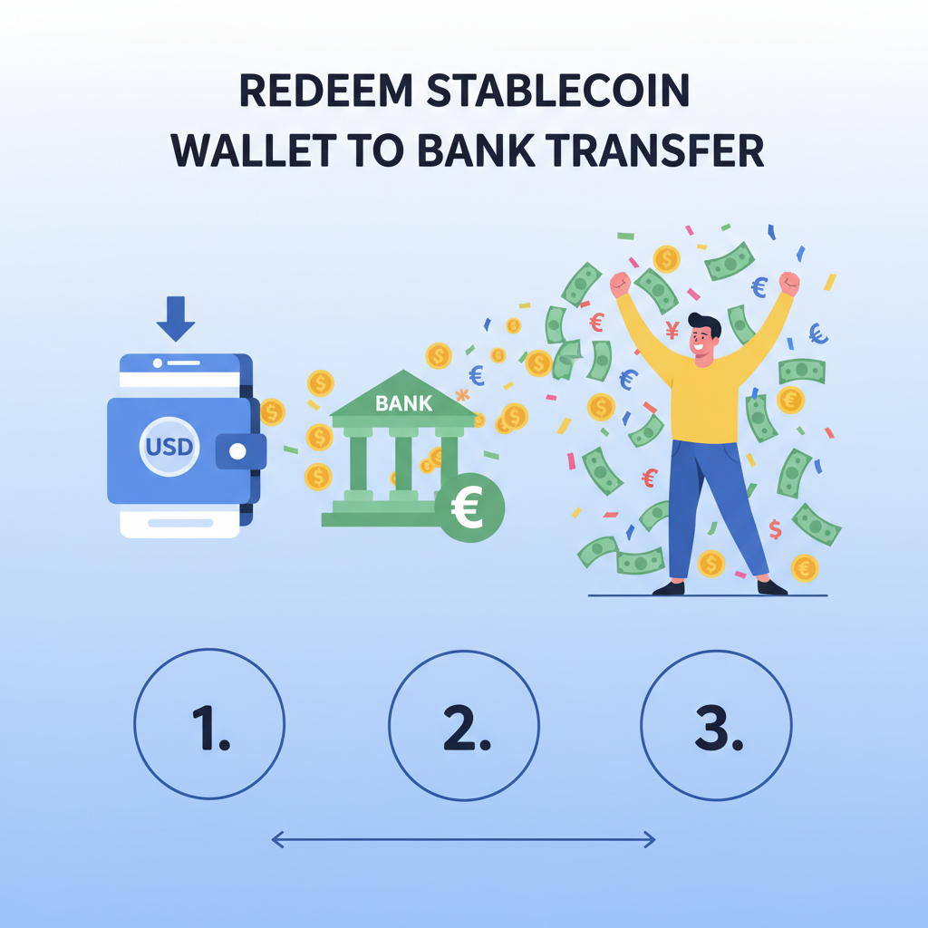 Redeeming stablecoin to fiat currency, wallet to bank transfer, money raining, victorious pose