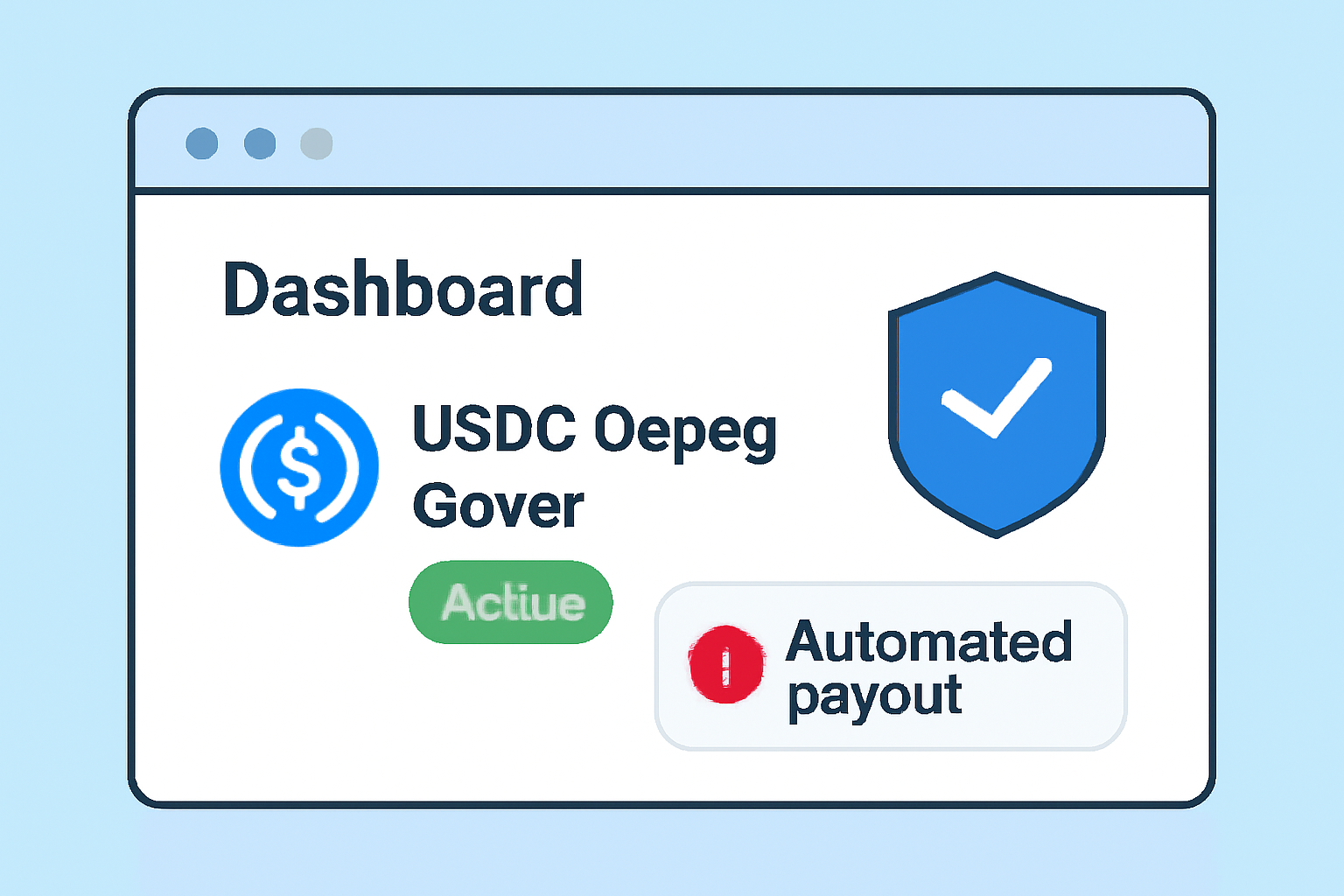 A dashboard showing an active USDC depeg cover, a shield icon, and an automated payout notification.