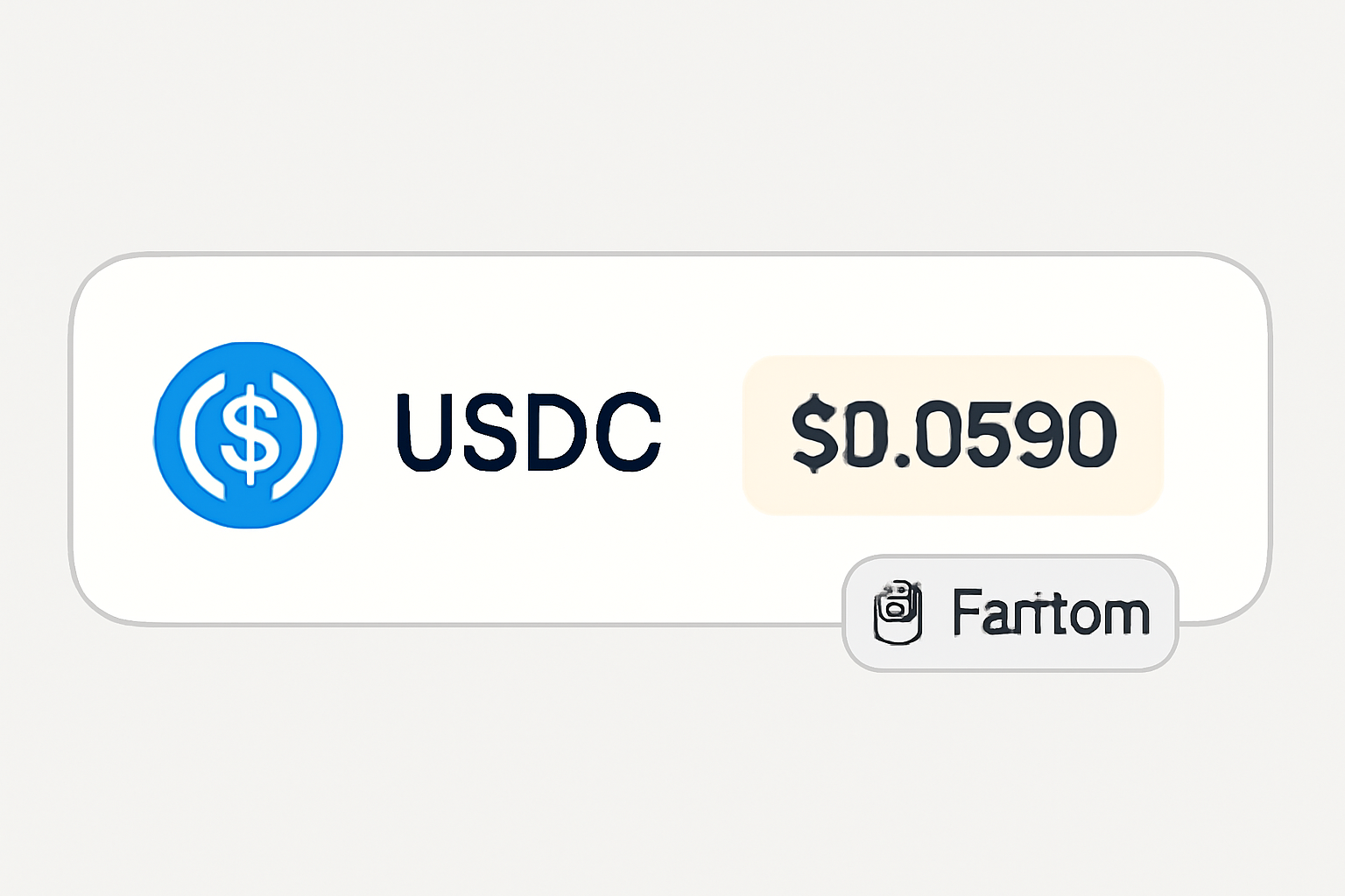 A digital interface showing USDC selection with the current price $0.0590 highlighted, and Fantom network badge.