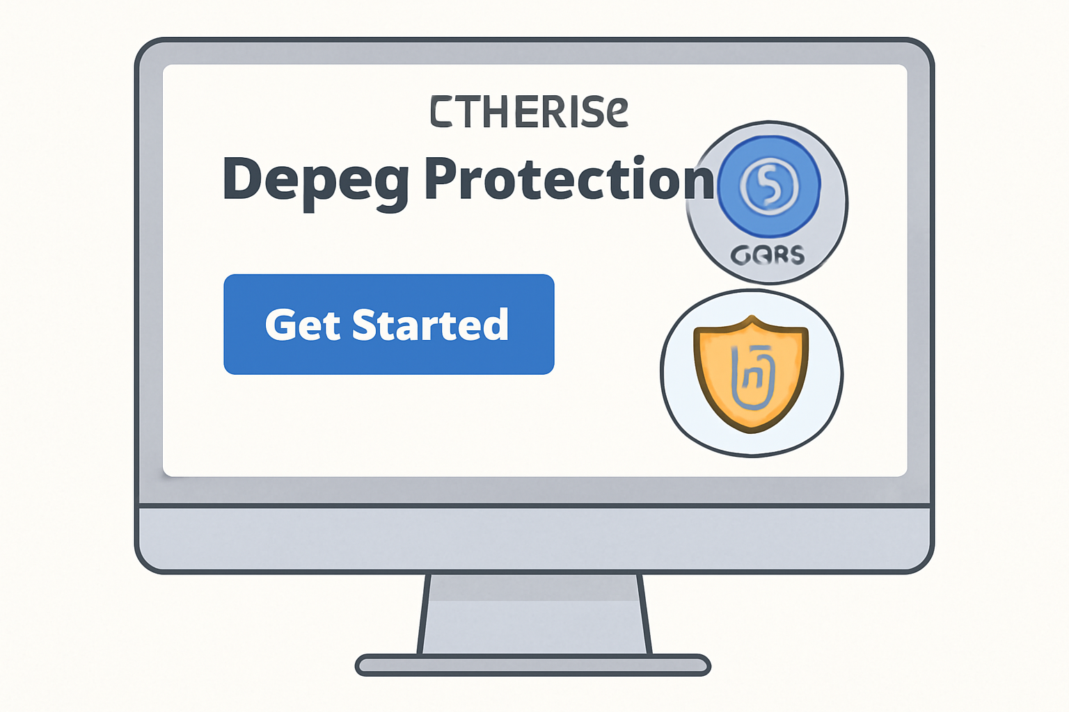 A computer screen displaying the Etherisc Depeg Protection web app homepage, with USDC and insurance icons visible, in a friendly and secure interface.