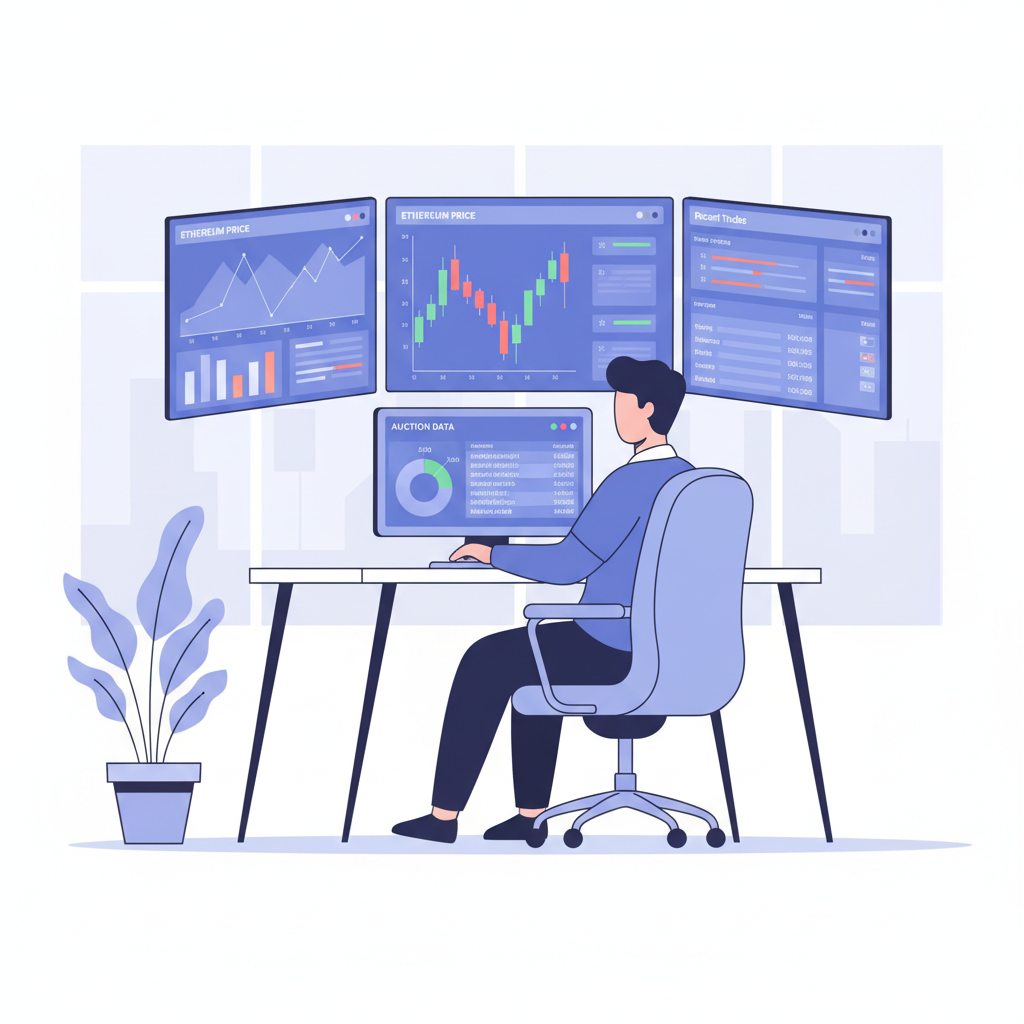analyst reviewing ethereum price charts and auction data on multiple screens