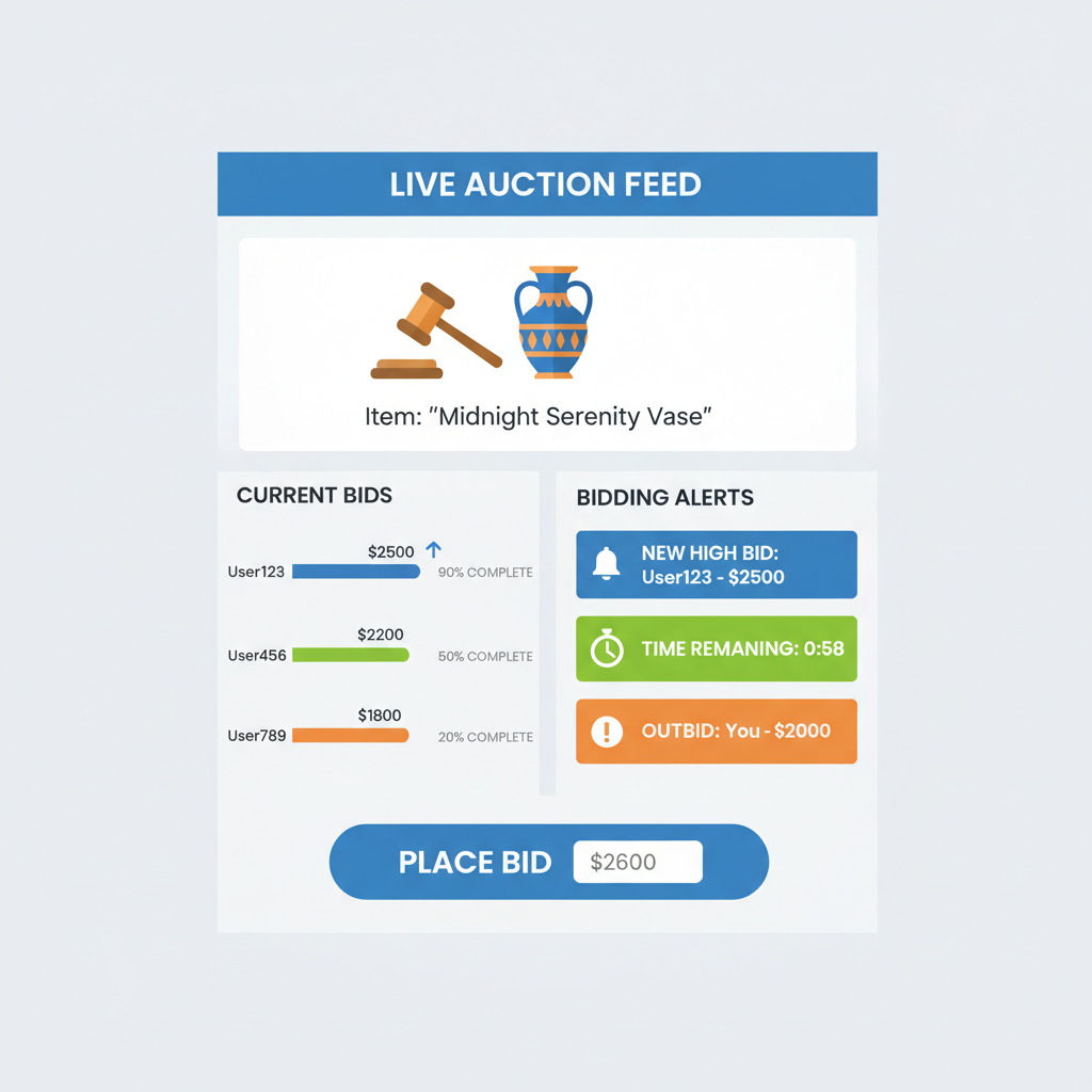 live auction feed with bidding progress bars and alerts