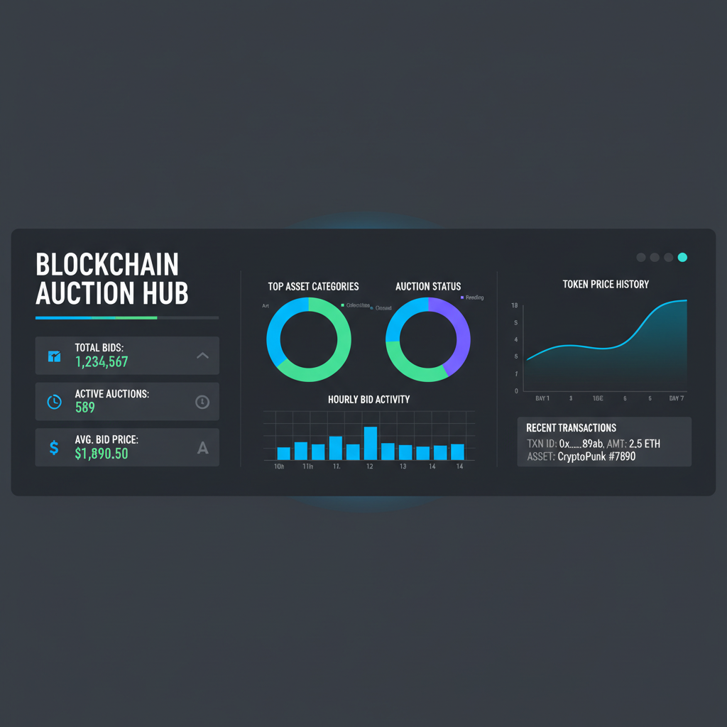 professional dashboard displaying blockchain auction metrics and graphs in dark mode