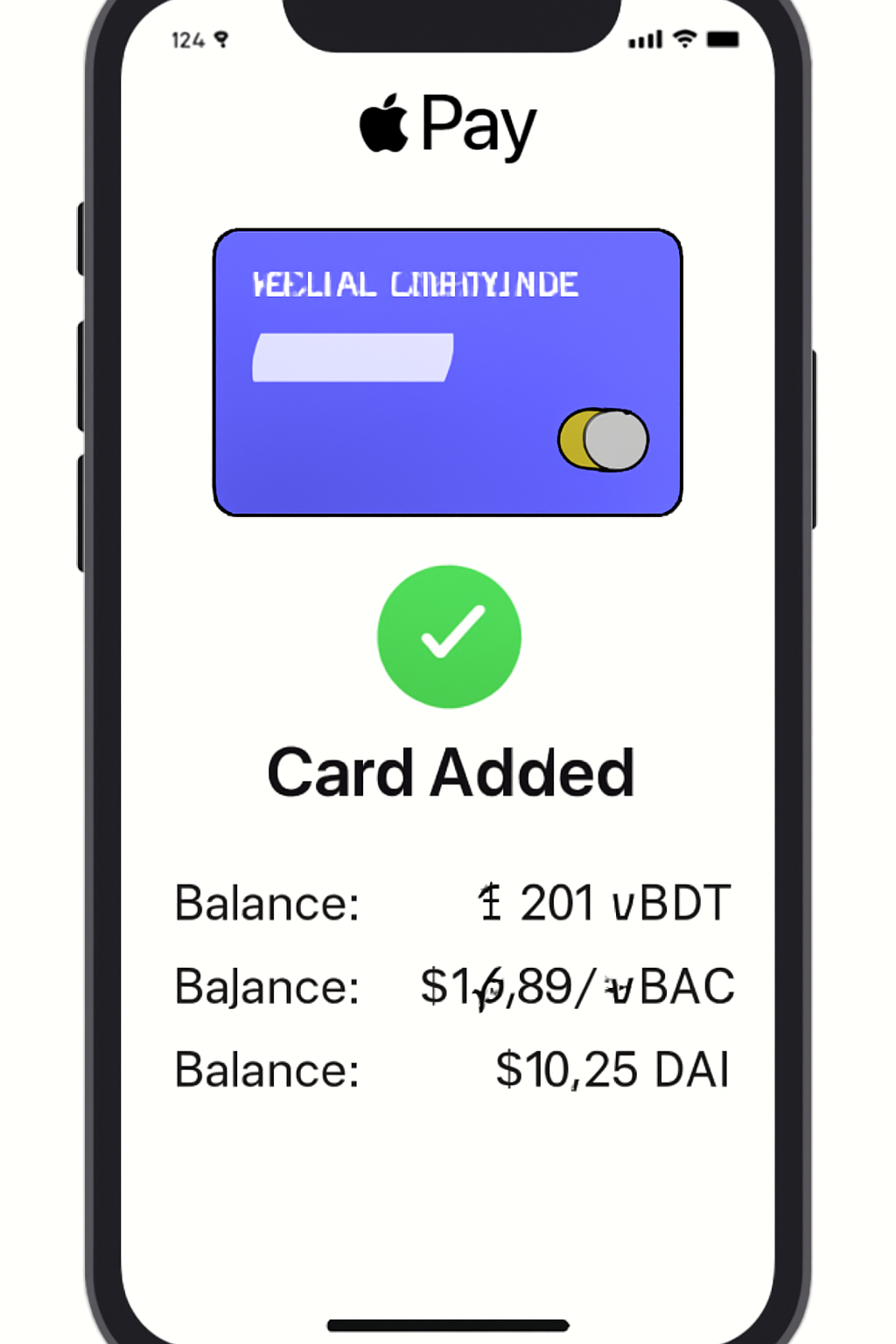 A smartphone displaying a virtual debit card being added to Apple Pay, with a confirmation checkmark and a balance in USDT, USDC, and DAI.