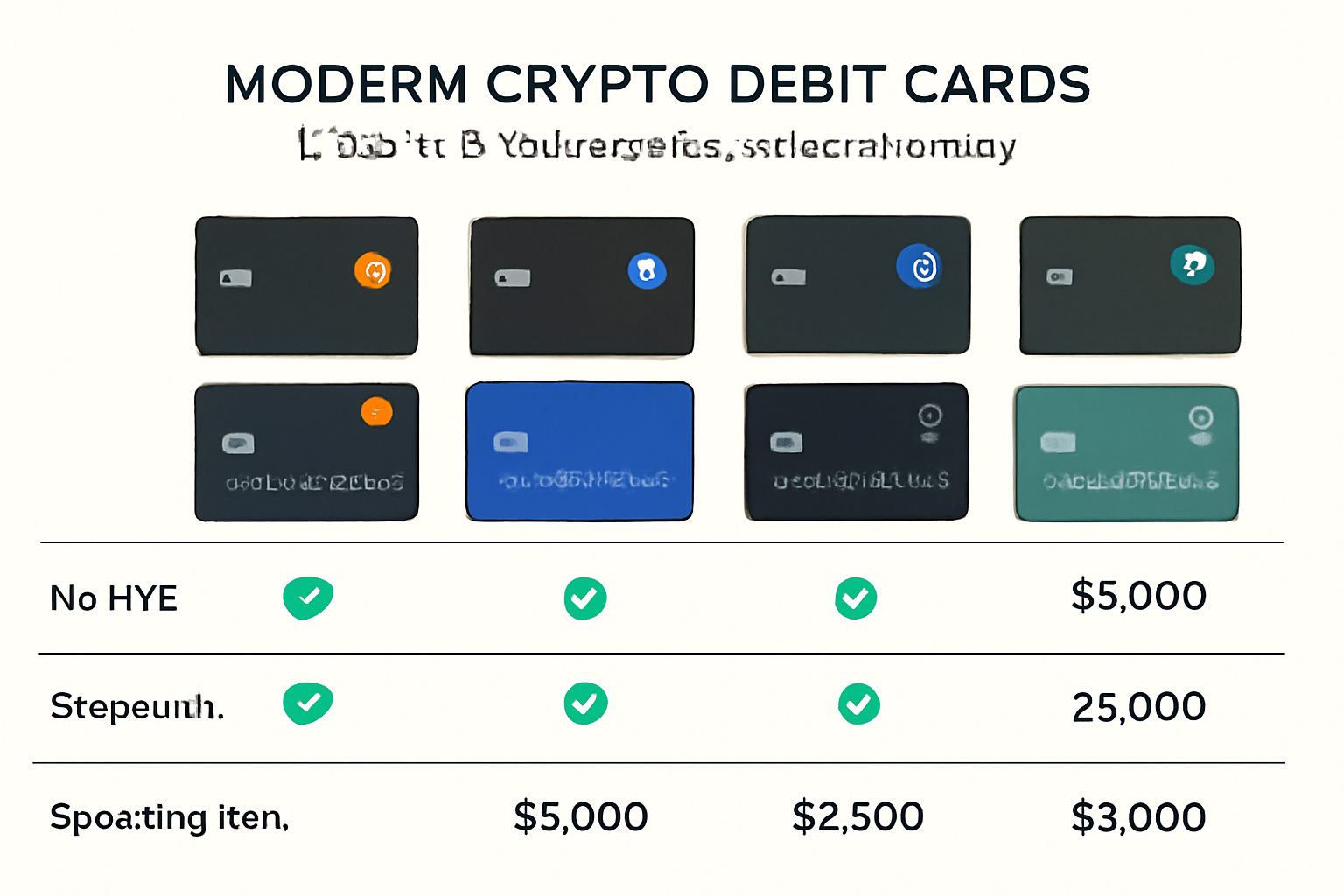 A comparison chart of five modern crypto debit cards, highlighting features like no-KYC, stablecoin support, and spending limits, with digital and physical card images.