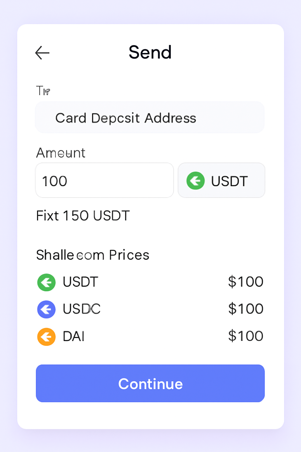 A digital wallet interface showing a user sending USDT, USDC, or DAI to a card deposit address, with clear fee indicators and current stablecoin prices displayed.
