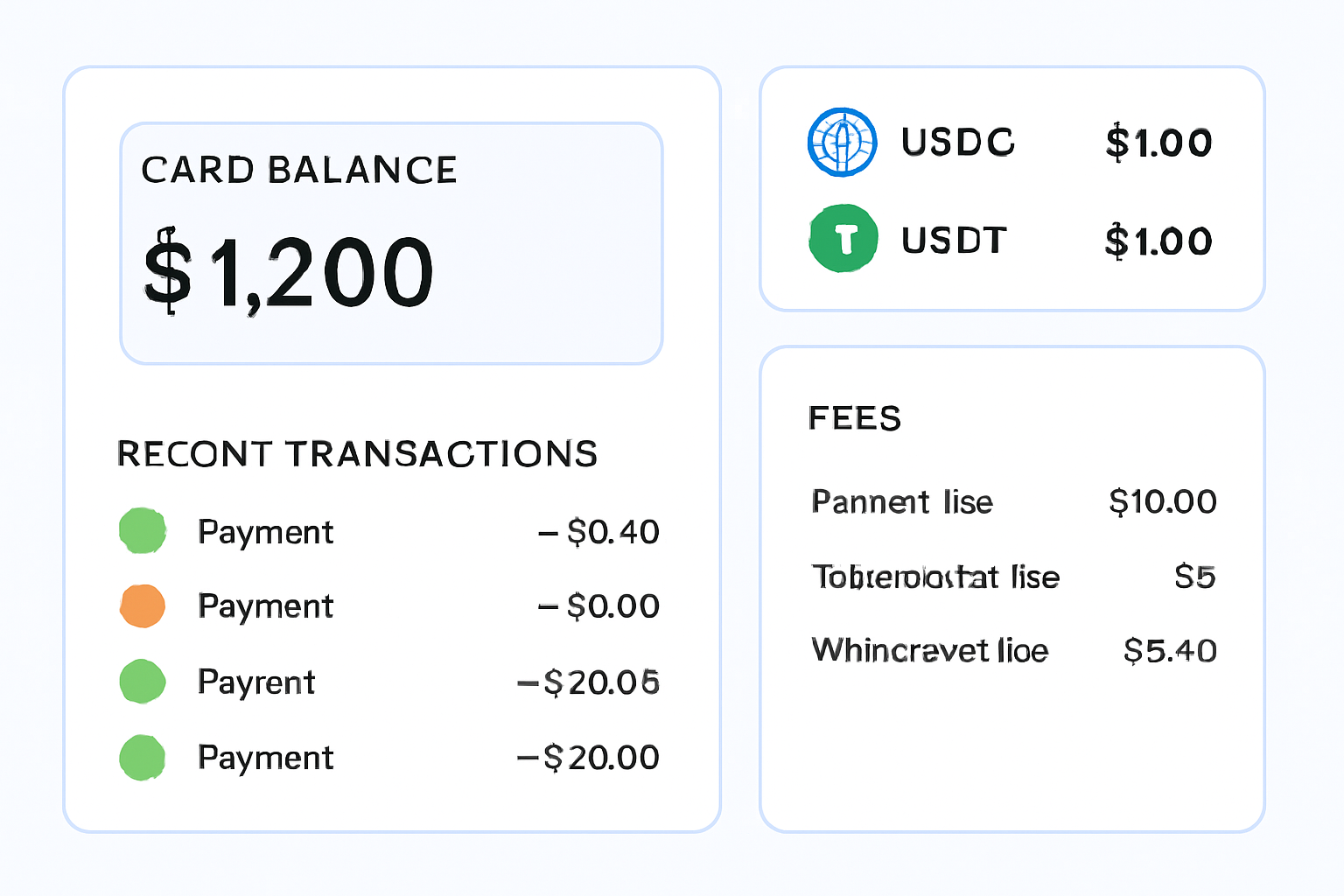 A dashboard interface displaying card balance, recent transactions, and a fee breakdown, with current stablecoin prices clearly shown.