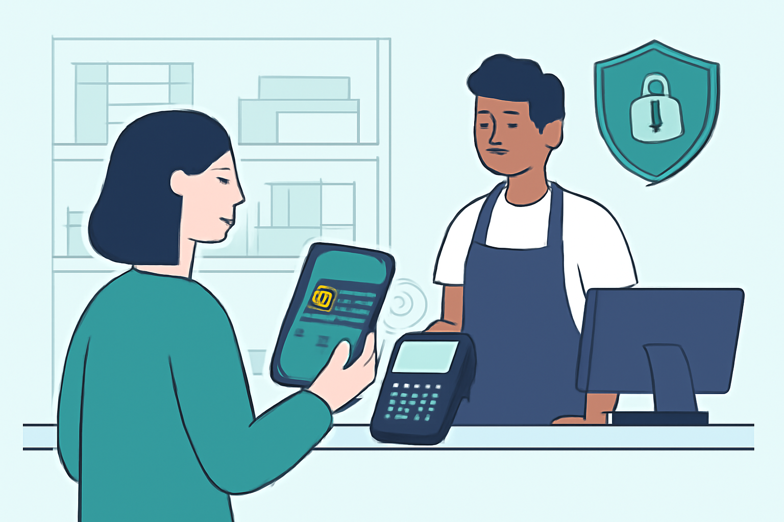 A customer making a contactless payment at a retail store using a smartphone with a virtual crypto card, with a privacy icon in the background.