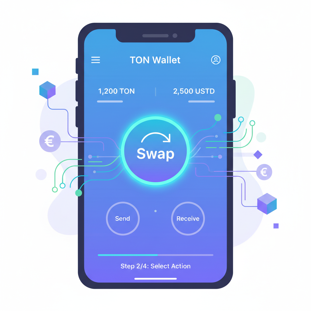TON Wallet menu with glowing Swap button highlighted, abstract liquidity flow graphics