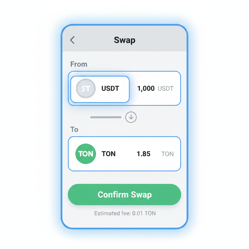 TON Wallet swap screen selecting USDT to TON tokens, mobile interface dropdowns