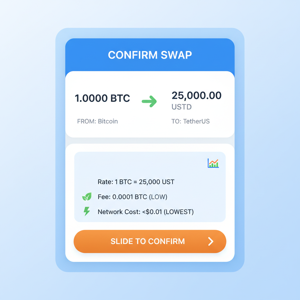 Swap confirmation screen with amount entered, rate details, low fee indicators