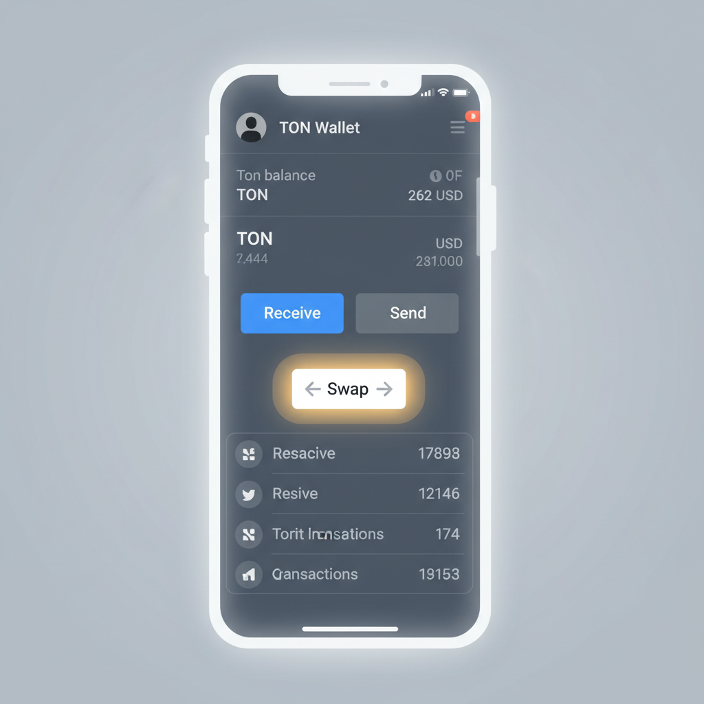 TON Wallet Telegram app open on mobile, swap button highlighted, clean modern UI