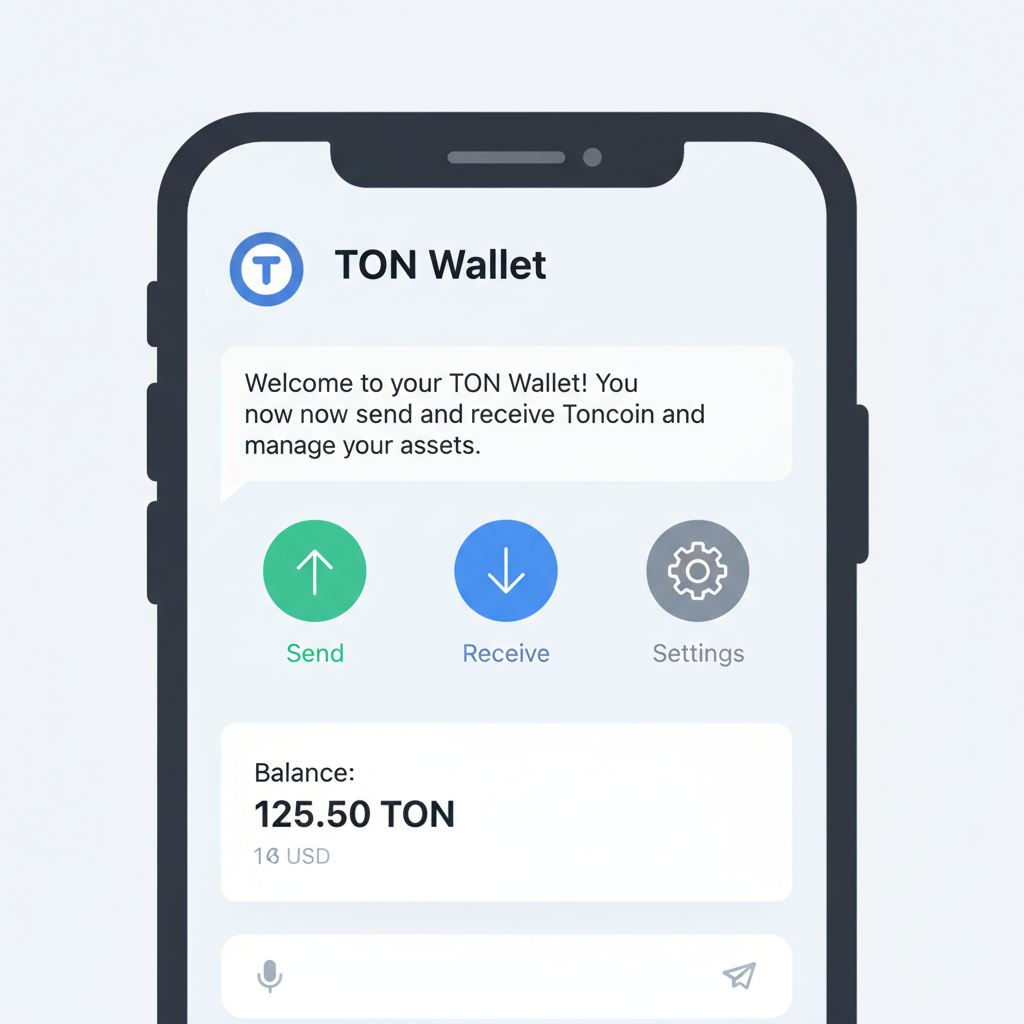 Telegram app on smartphone screen showing TON Wallet bot open, clean modern interface, crypto wallet icons