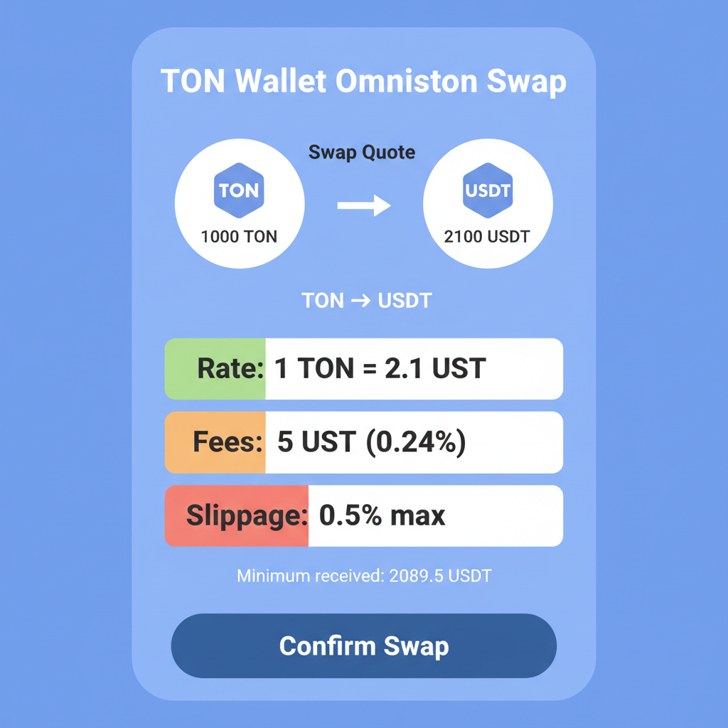 TON Wallet Omniston swap quote details, rate fees slippage highlighted on screen