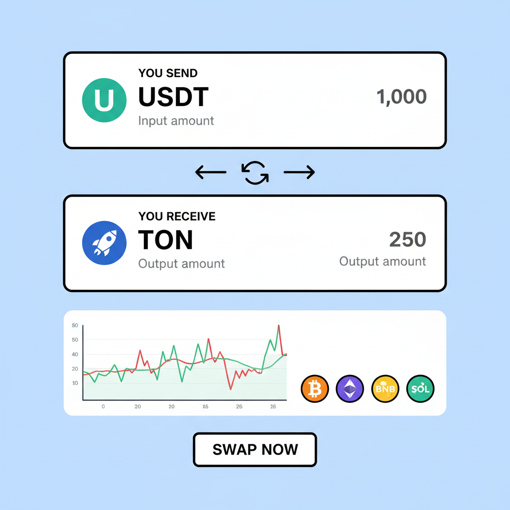 Swap screen selecting USDT input and TON output, price charts and token icons visible