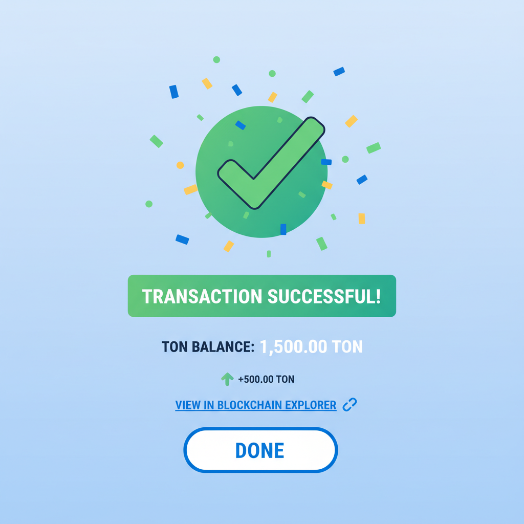 TON Wallet success screen showing increased TON balance, confetti effects, blockchain explorer link