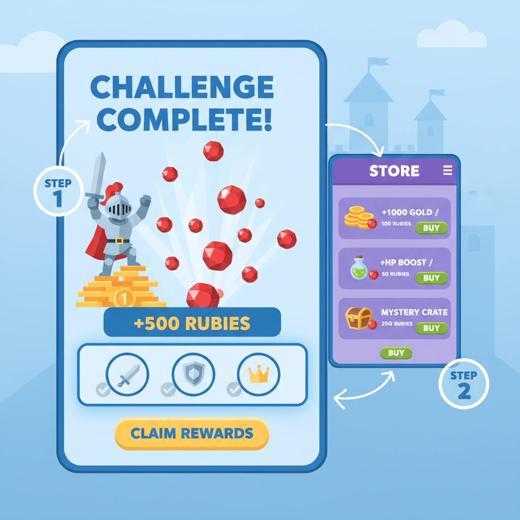 Heroes of Mavia challenge completion screen, ruby rewards popping, purchase store panel, colorful UI