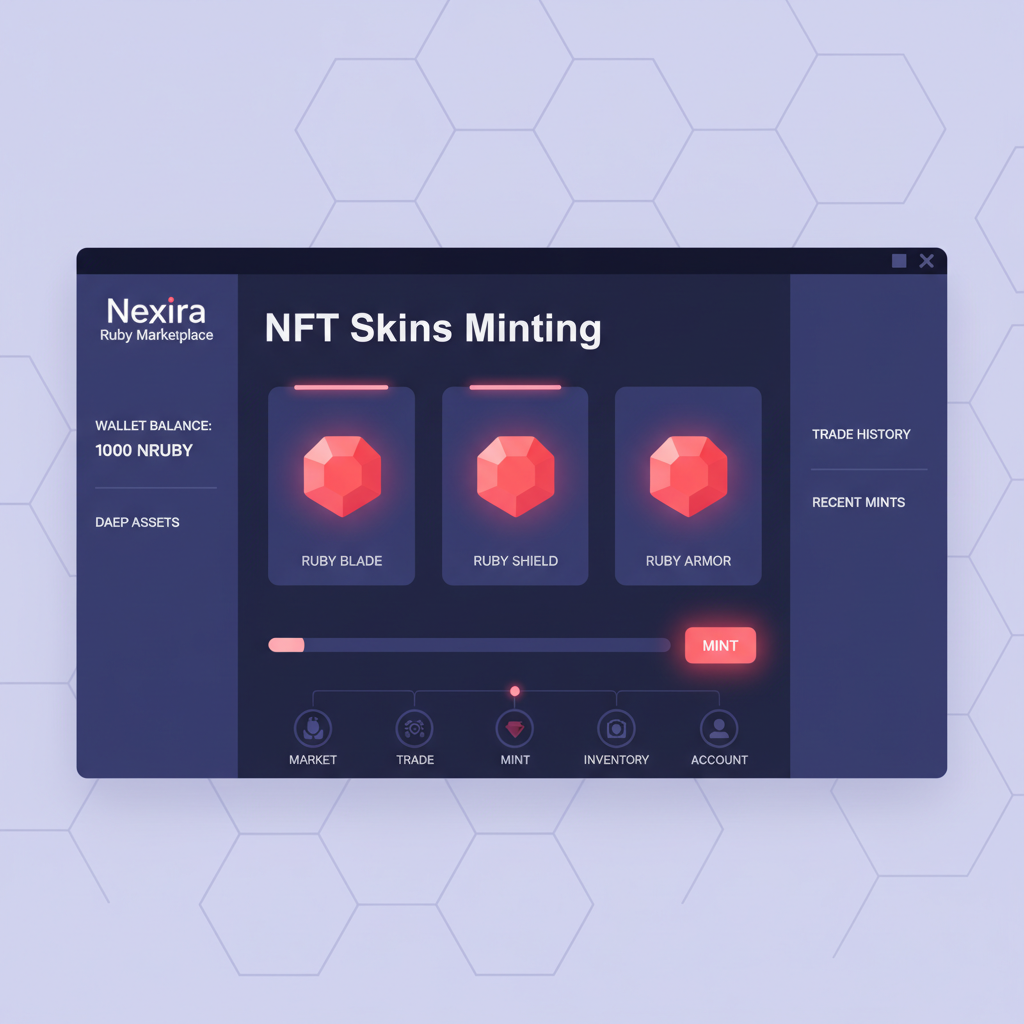 Nexira Ruby Marketplace DAEP trade screen, NFT skins minting, blockchain UI, glowing rubies