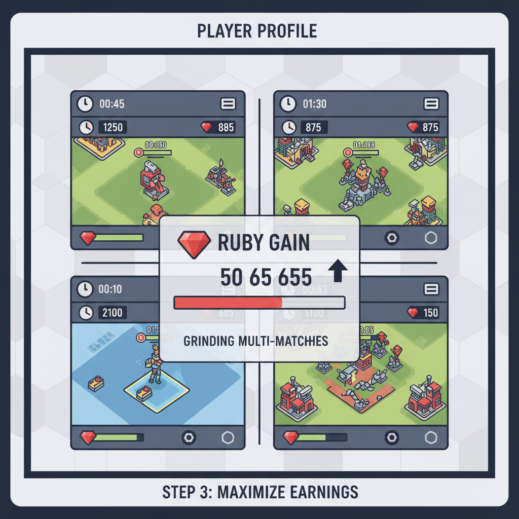 Heroes of Mavia player grinding multiple matches, timer clock, ruby counter rising, isometric game view