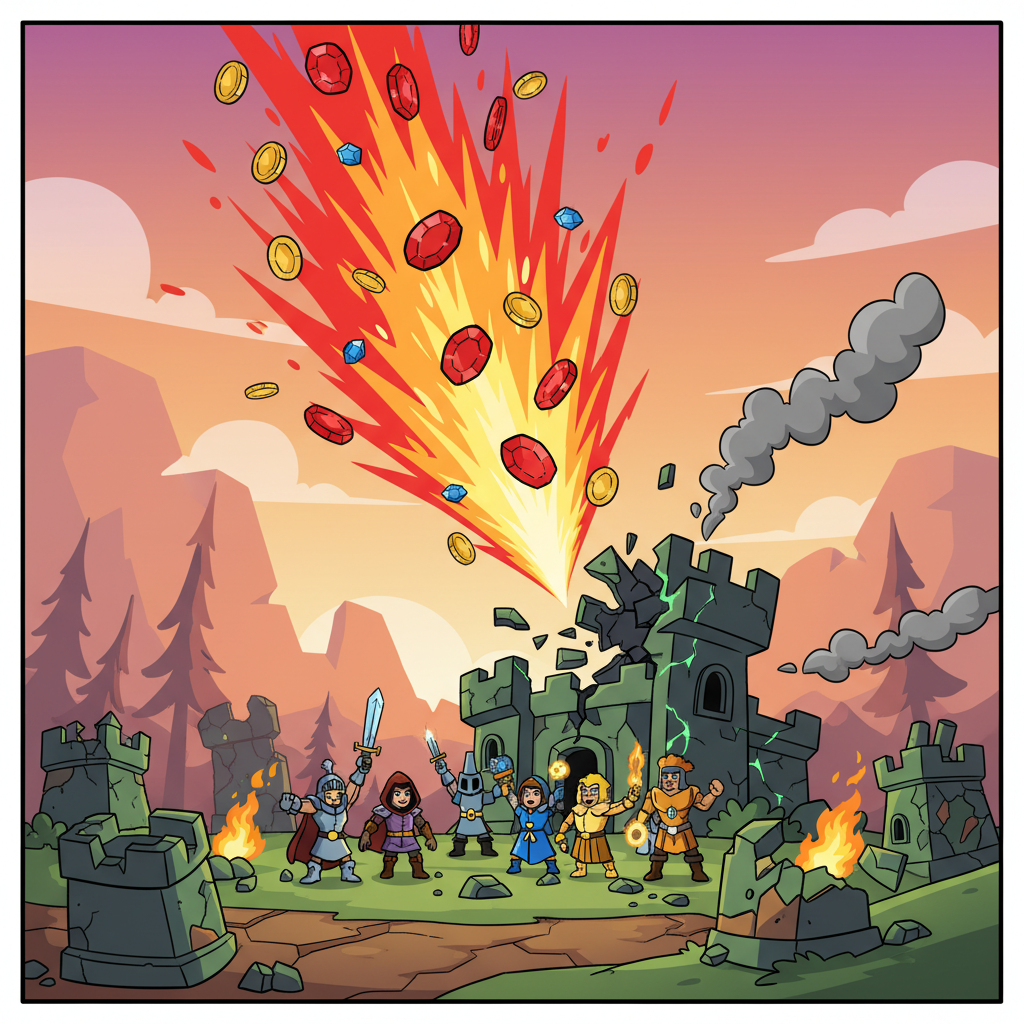 Heroes of Mavia offensive battle win, ruby coins exploding, base under attack, vibrant cartoon game art