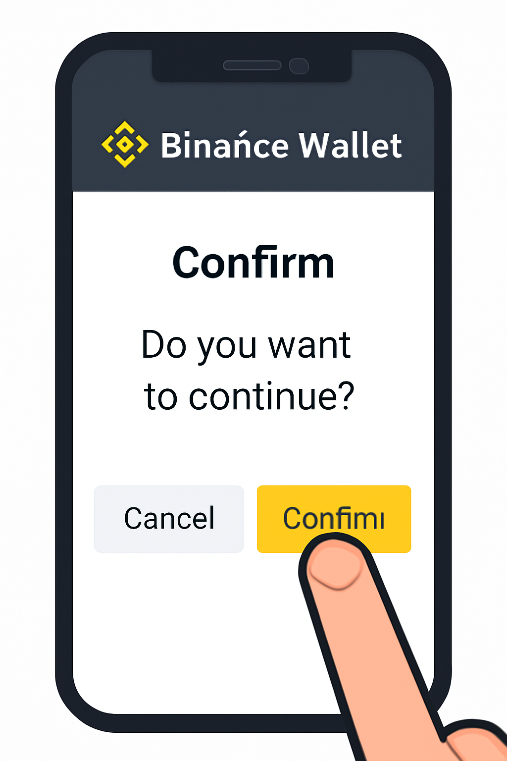 A smartphone screen showing a confirmation prompt in the Binance Wallet app, with a finger about to tap 'Confirm', secure and modern UI.