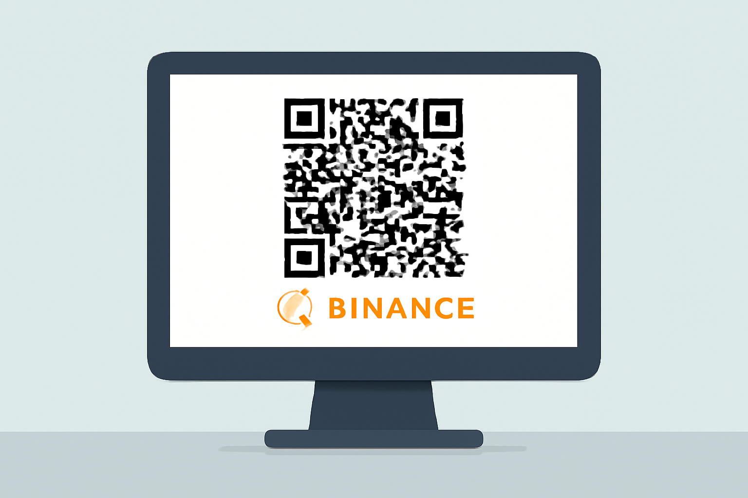 A desktop screen with a large, prominent QR code in the center, Binance branding visible, clean and simple background.