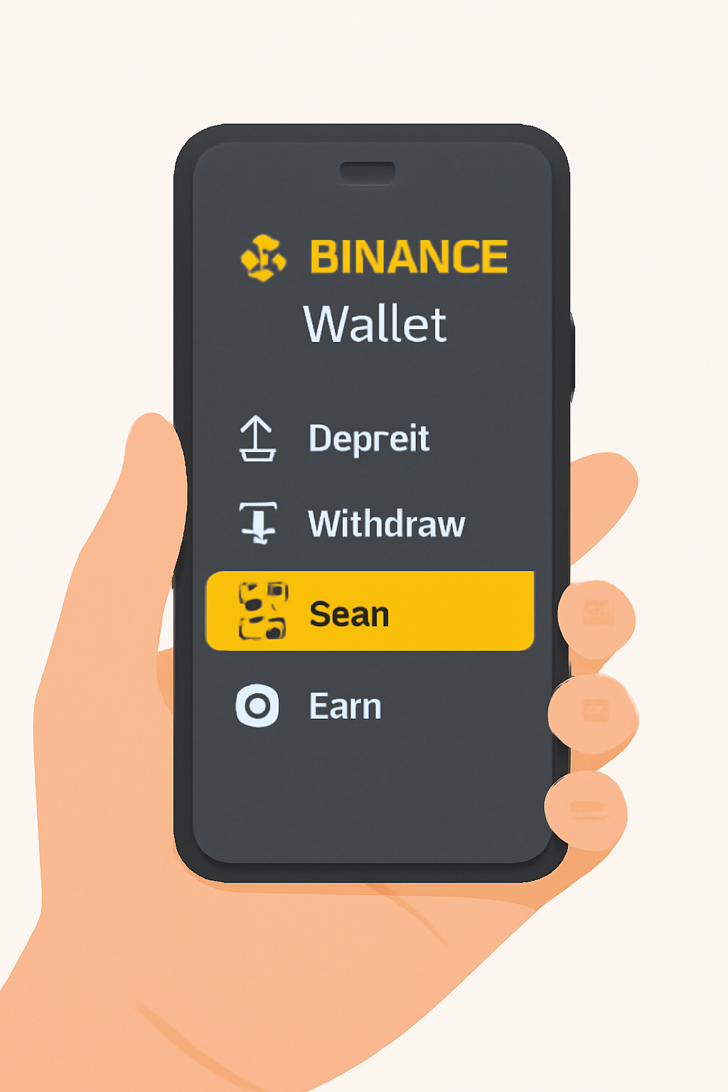 A smartphone showing the Binance Wallet app open, with the scan QR code feature highlighted, hand holding the phone.