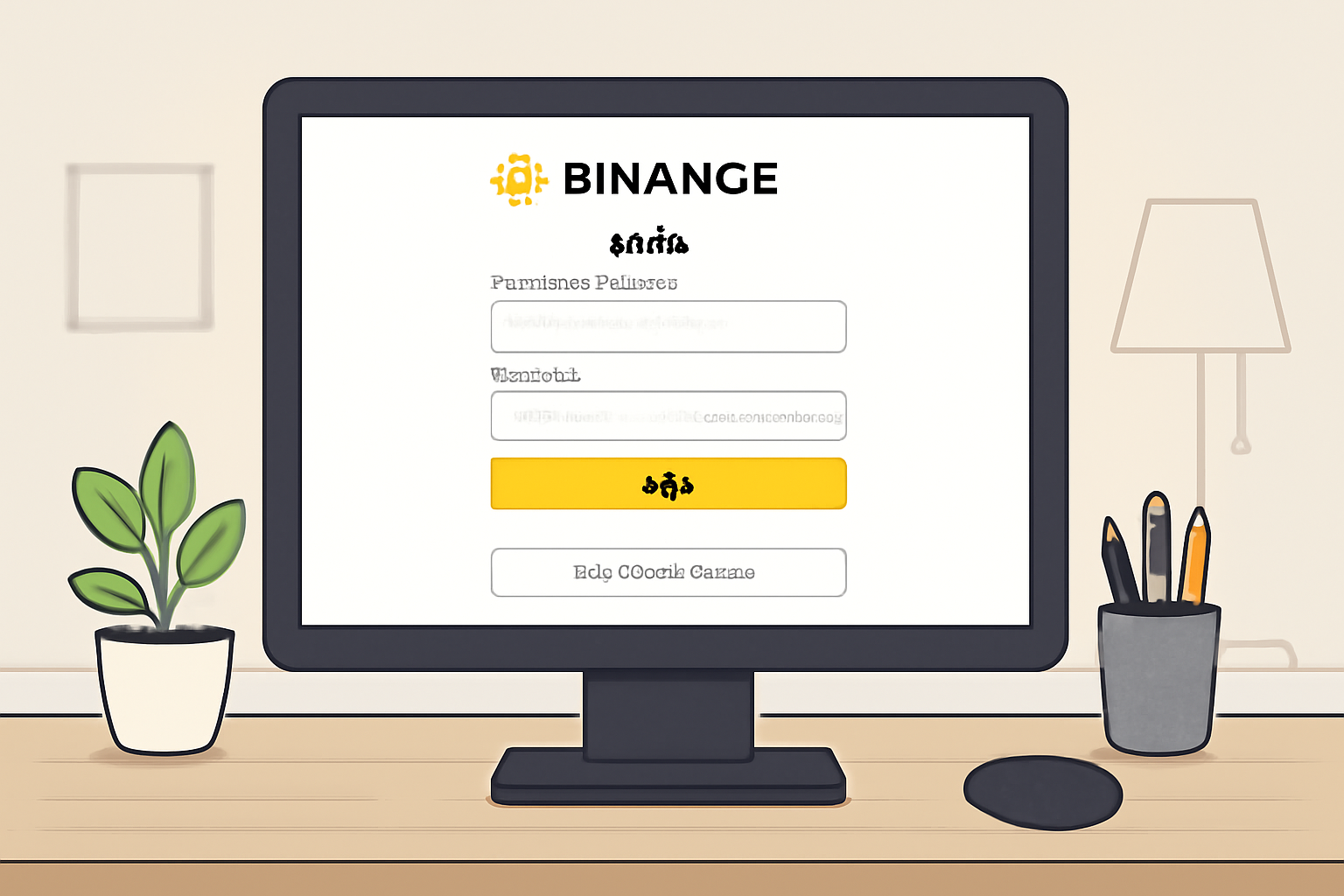 A computer monitor displaying the Binance website homepage, with a clear focus on the login and wallet connect options, modern UI, well-lit workspace.