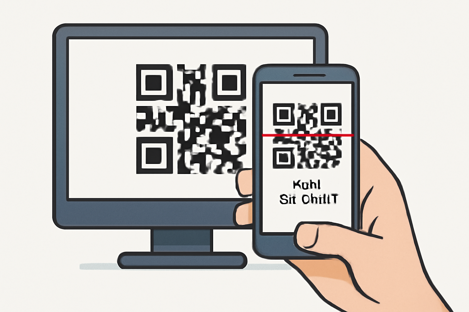 A close-up of a smartphone scanning a QR code on a computer monitor, focus on the scanning action, clear and sharp details.