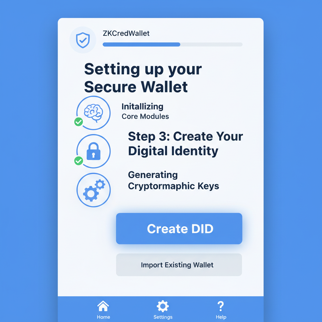 mobile app screenshot installing ZKCredWallet, create DID button highlighted, clean UI, blue theme