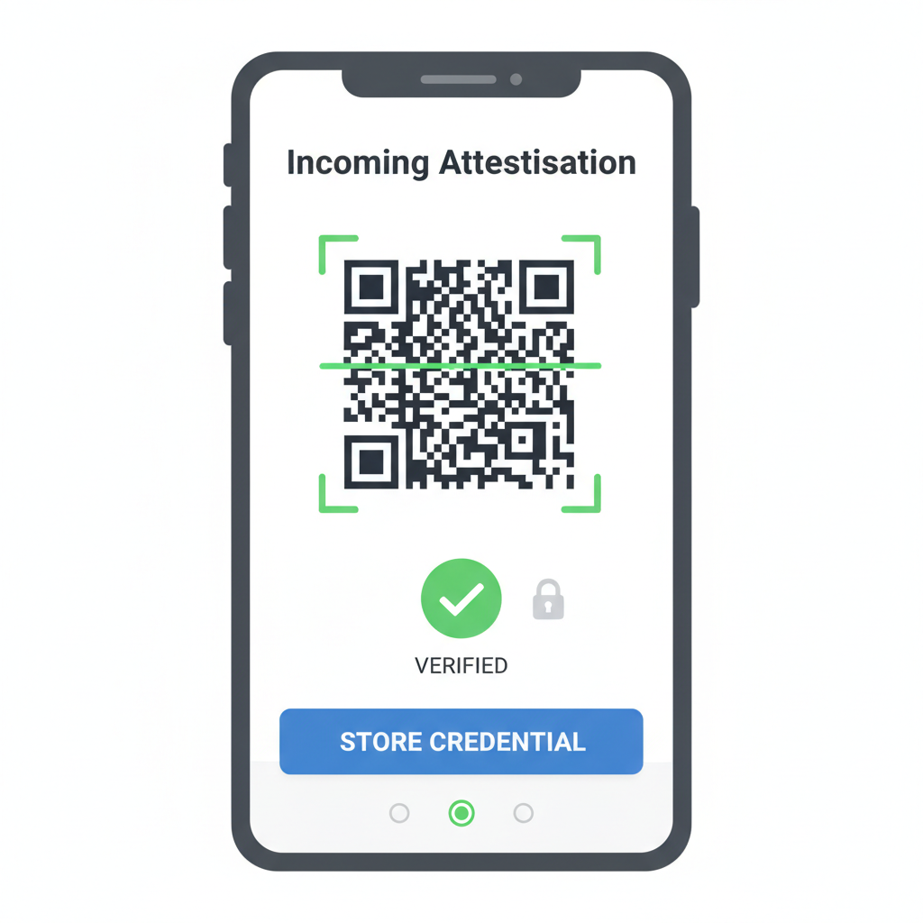 ZKCredWallet screenshot showing incoming attestation QR scan, store button, locked icon, green verification check