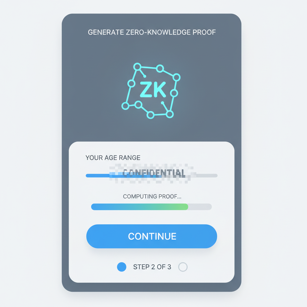 wallet UI screenshot generating ZK proof, age slider masked, progress bar, ZK symbol glowing