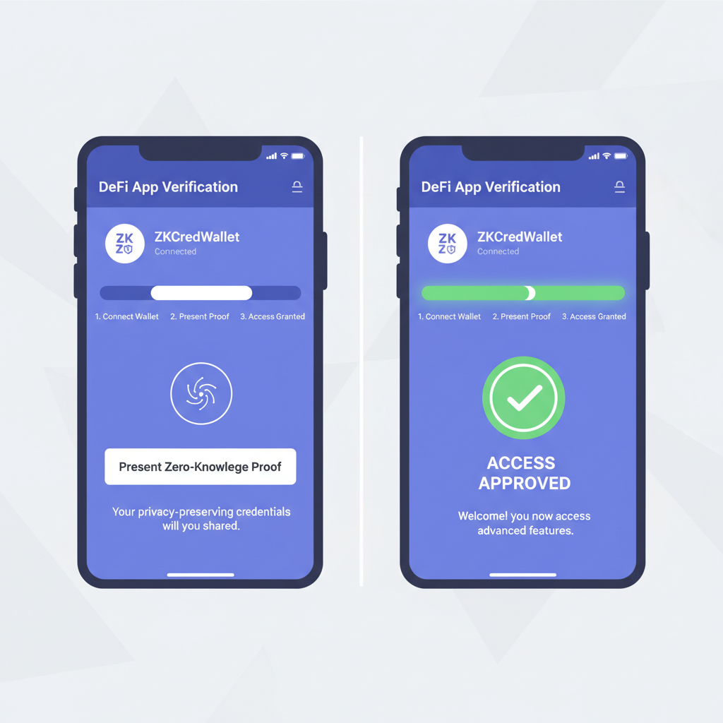 split screenshot DeFi app verification screen connected to ZKCredWallet, proof presented, access approved badge