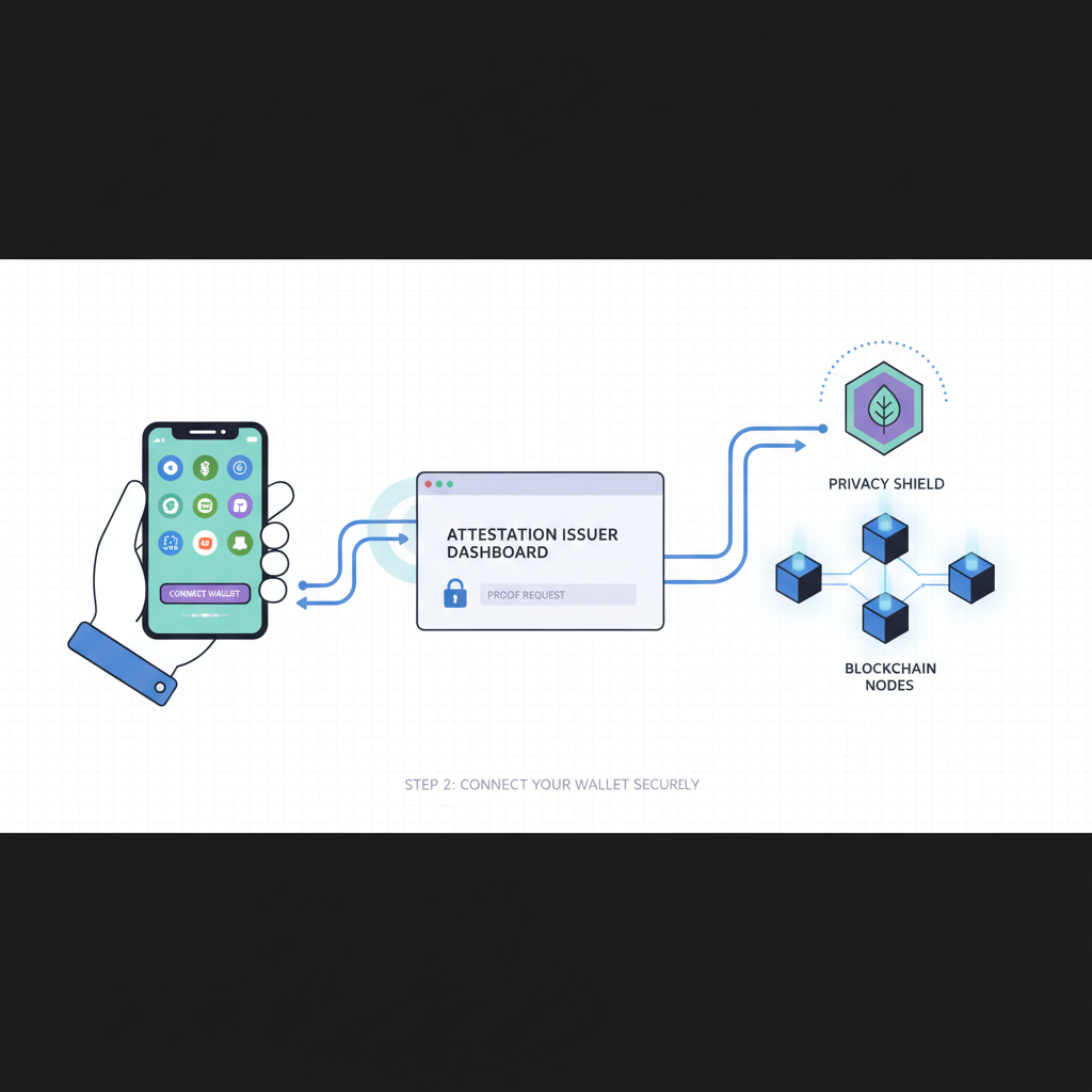 user connecting wallet to attestation issuer dashboard, blockchain nodes, privacy shield icon --ar 16:9