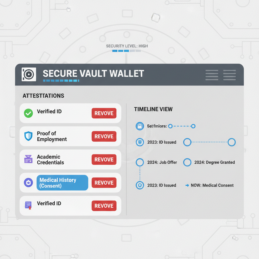 wallet dashboard listing attestations, revoke button, timeline view, secure vault aesthetic --ar 16:9