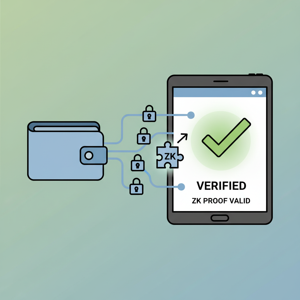 wallet presenting zk proof to verifier app, green checkmark, data flow with locks --ar 16:9