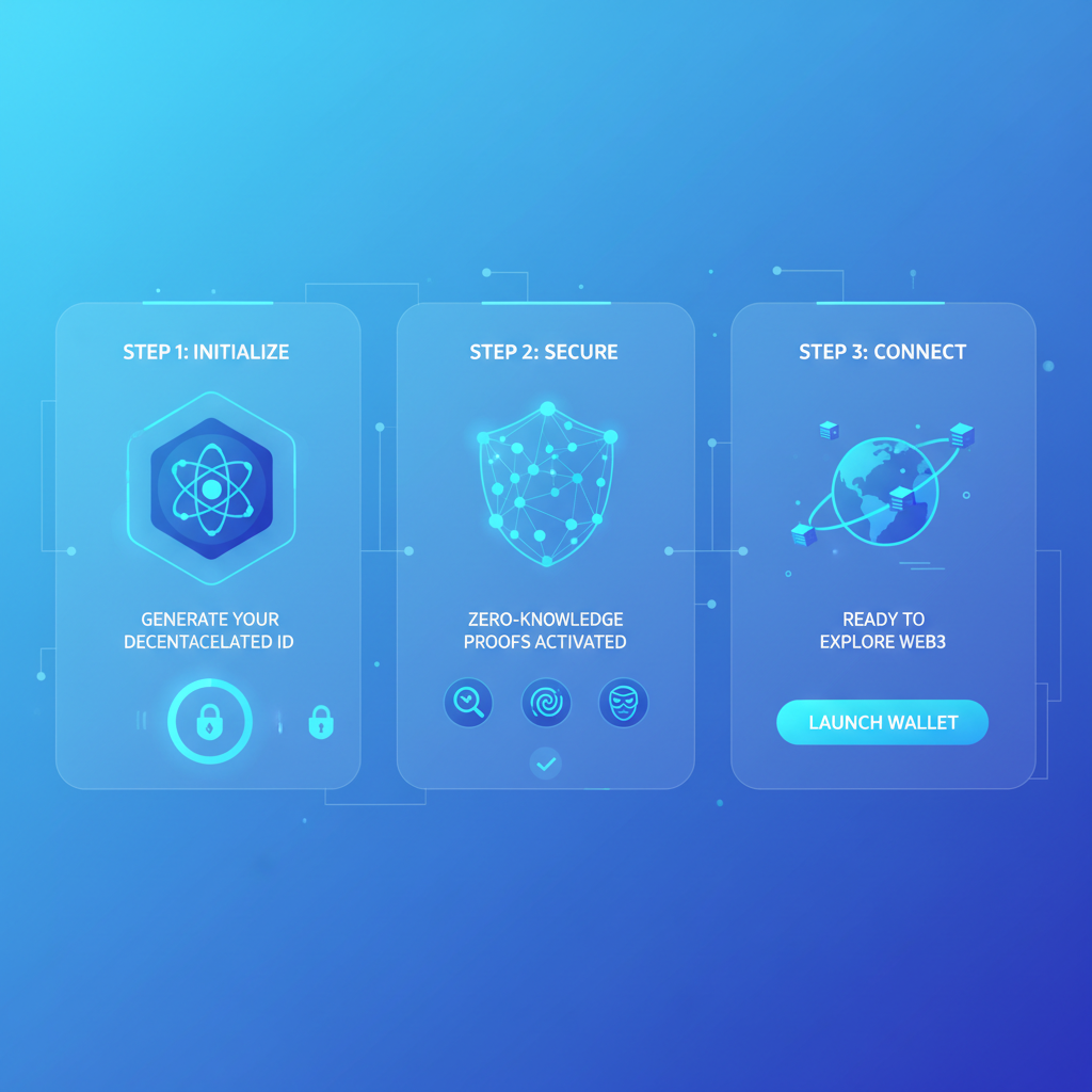 futuristic web3 wallet setup screen with DID generation and zk icons, clean UI, blue tones --ar 16:9