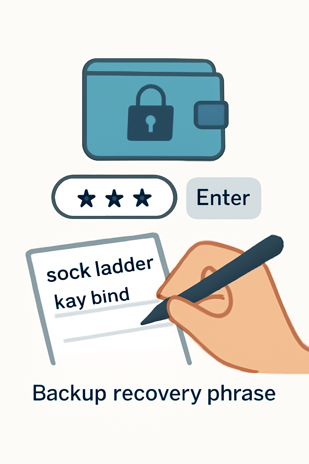 A digital wallet interface with a lock icon, password input, and a backup recovery phrase being written down.