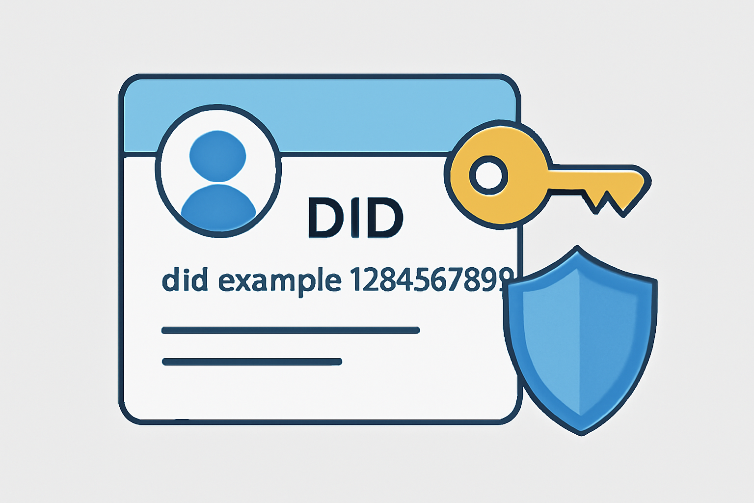 A digital ID card with a unique DID string, a key pair symbol, and a shield representing security.