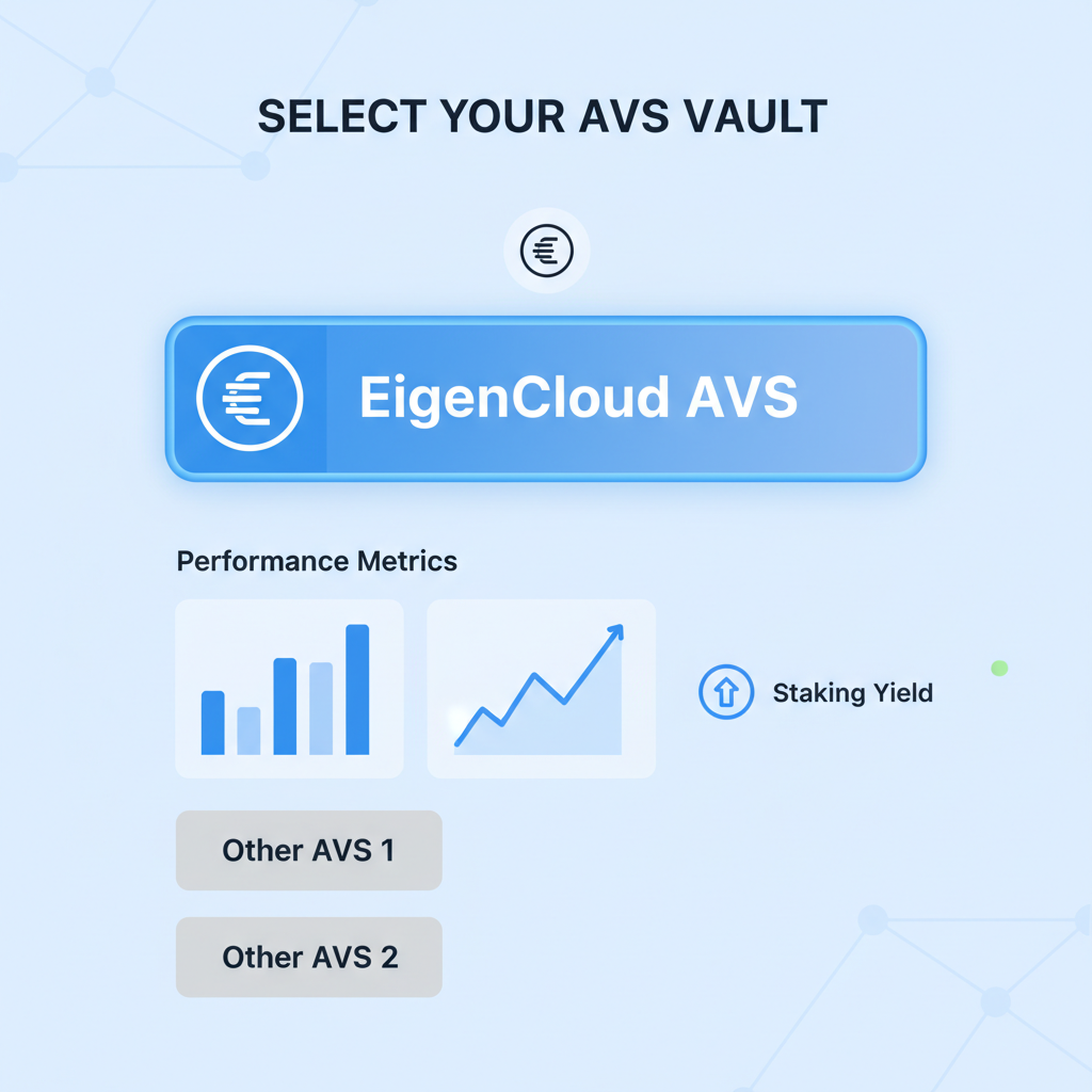 vault allocation selector highlighting EigenCloud AVS, EigenLayer logos, performance charts