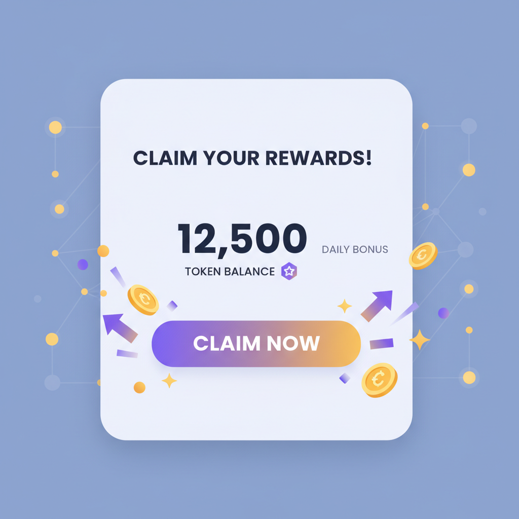 rewards claim interface with token balance and button, celebratory crypto elements