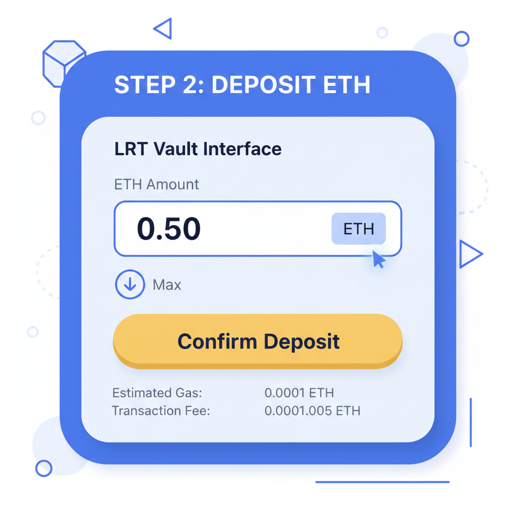 ETH deposit form in LRT vault interface, input field with ETH amount, confirm button, crypto UI