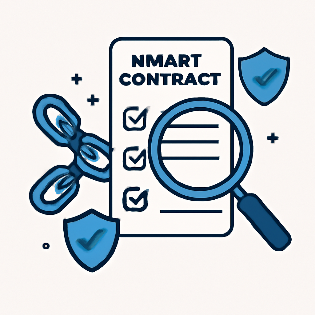 A magnifying glass inspecting smart contract code on a computer screen, with auditors in the background and checkmarks indicating approval.
