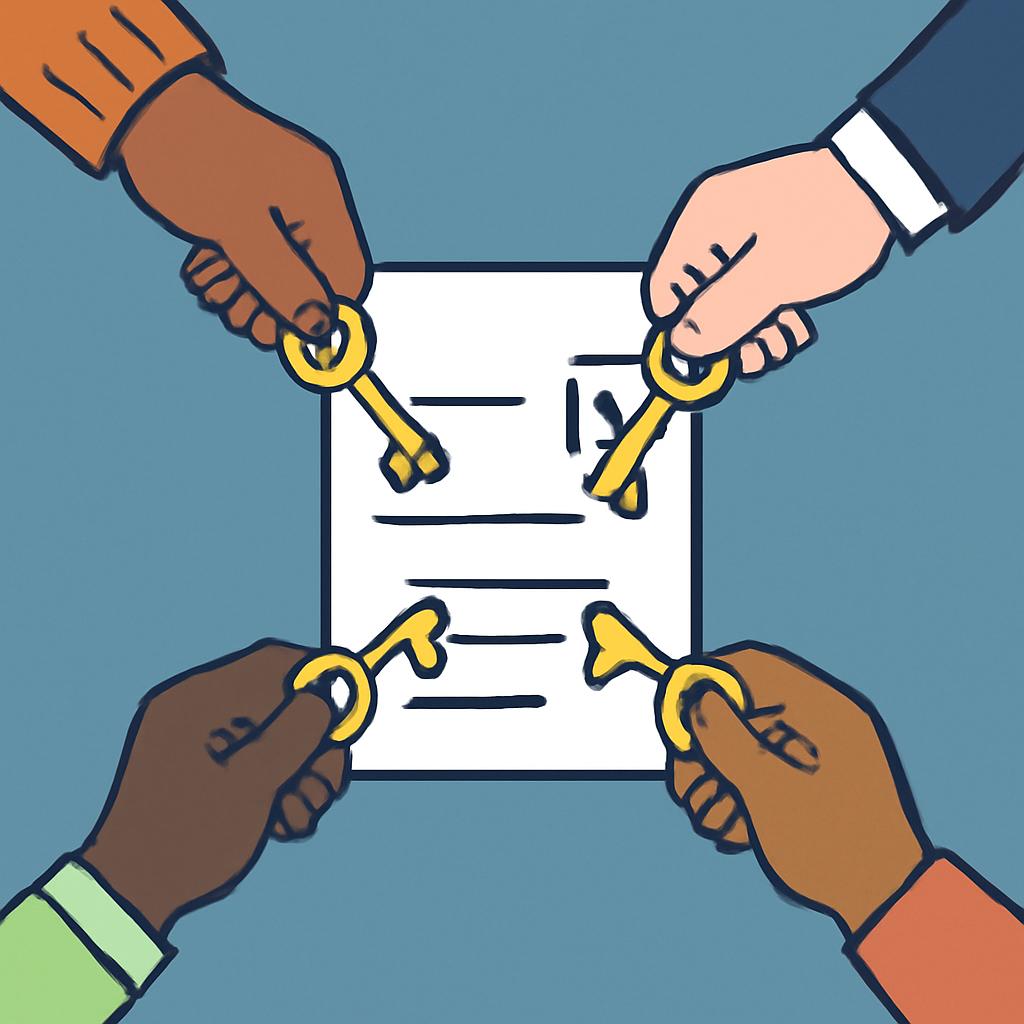 A group of diverse hands holding keys, unlocking a digital document together, symbolizing multi-signature approval for proposals.