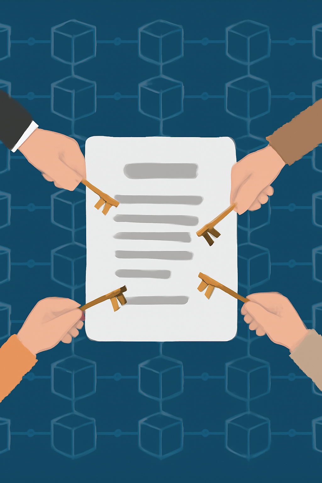 A digital document with multiple hands holding keys, all unlocking it together, set against a blockchain background.