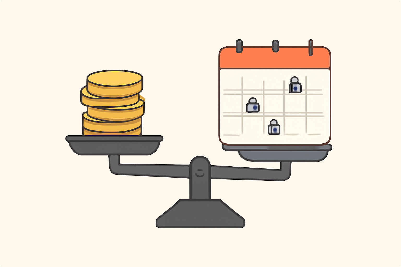 A digital scale balancing tokens on one side and a calendar with lock icons on the other, illustrating token limits and vesting over time.