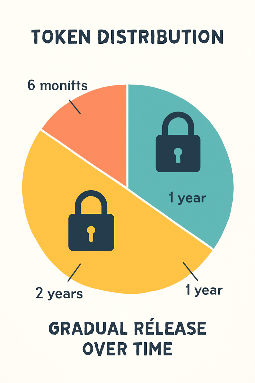 A pie chart of token distribution, with clear labeled limits and a lock symbol on large slices, showing gradual release over time.