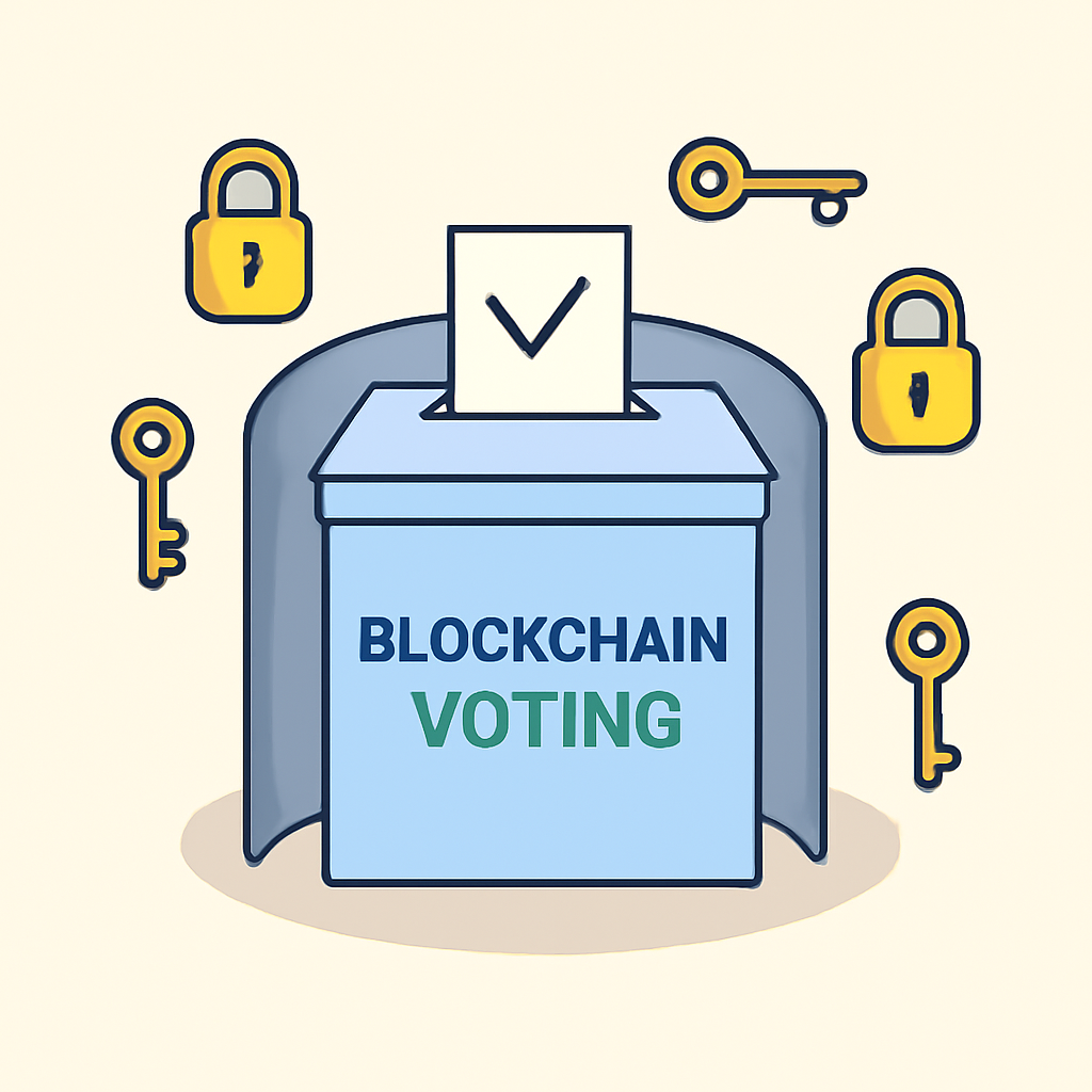 A digital ballot box with a lock and shield, surrounded by anonymous avatars casting votes, with cryptographic symbols floating around.